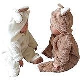 ベビー　子供服　長袖　ロンパース　可愛い　ふわふわ　熊着ぐるみ　萌え　新生児　赤ちゃん服　超柔らかい　フード付き　キッズ洋服　秋冬　防寒着　出産祝い　女の子　男の子 (80, カーキ)