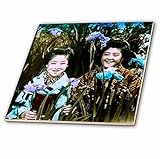 3drose Scenes from the Pastマジックランタンスライド – Vintage Hand Tinted Japanese Smiling Little Girls in Old日本