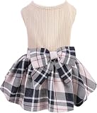 BINGPET 犬 服 ワンピース 犬の服 ペット服 洋服 チェック柄 春夏秋 トイプードル 服 可愛い 女の子 おしゃれ ドッグウェア ドレス スカート ペット用 袖なし お散歩 リボン付き 超小型犬 小型犬 中型犬 猫 (グレー＆チェック, M)