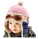 IWELY　子供　キッズ用　 ベビー用帽子　ニット　秋冬　厚手　寒さ対策　可愛いパイロット帽　耳あて 防寒 防風　4色 (ピンク)