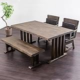 【和風ダイニングセット 4人用】本格和テイスト、木目の質感を大事にした食卓セット ★ 浮造り＆なぐり仕上げ ダイニングテーブル 4点セット ベンチ 幅150cmテーブル 回転椅子