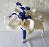 アイボリーカラーリリー柄ロイヤルブルーBabys Breathブライダルウェディングブーケ&ブートニア 12" Bouquet ブルー