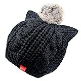 InitialG【イニシャルジー】キッズ ニット帽 キャップ 帽子 裏起毛 ストレッチ ハット 猫耳 萌え萌え 厚手 男女兼用 021-dxa-893(M ブラック )