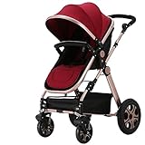 HUKOER　ベビーカー ハイシートベビーカー 4輪ベビーカー 両対面ベビーカー 折りたたみ式 通気性良い 物置袋付き (レッド)