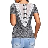 レディースTシャツ蝶結び装飾レーストリムトップ半袖Oネックファッションブラウス L