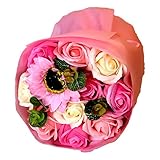 【ローズ&ひまわり花束 ピンク】フレグランスソープフラワー 枯れないお花 お祝い お見舞い 誕生日 送別会 卒業 入学のプレゼントに (ピンク)