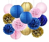 海軍ゴールドピンクブライダルシャワーDecorations furuix 14pcsネイビーゴールドピンクティッシュペーパーポンポン付き提灯ハニカムボールネイビーブルー誕生日パーティー、ネイビーピンク