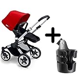 Bugaboo 2015 Buffalo Stroller Complete Set in Aluminum/Red Canvas Fabric Set + Bugaboo Cup Holder by