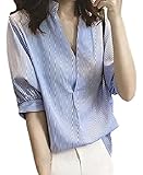 ［フェリーズ］ おしゃれ で かわいい チュニック パススリーブ カットソー シャツ vネック シフォン トップス スキッパー バルーン ハーフ スリーブ ストライプ ブラウス (S, ブルー)