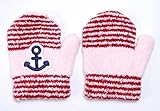 もこもこベビーニットあったかミトン手袋　マリンボーダー柄　ピンク