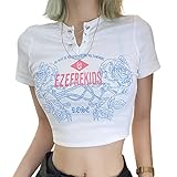 [SYchuan] レディース スリム Tシャツ Vネック 半袖 ハイウエスト フラワープリント ショートトップ(M, ホワイト)