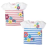 (ブルー/95cm)ベビー服 女の子 Tシャツ 半袖 パフスリーブ ボーダー 花柄 女児 ベビー