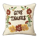 " Give Thanks "刺繍17 "枕カバーwith Autumn Fall Leaves、花、ビーズアクセント付き