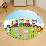 gzhihineカスタムラウンドフロアマットCartoonキッズ子供部屋デザインHappy Children on a Choo Choo Train withサファリ動物アートワーク寝室リビング部屋