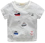 Plus Nao(プラスナオ) Tシャツ 半袖 カットソー トップス 夏 子供服 男の子 キッズ マリン 船 ボーダー 白 ラウンドネック 80 90 100 110 グレー 120