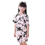 Hibote 春夏 パジャマ 甚平 子供服 着物 お祭り 上下セット 女性用 バスローブ 浴衣式 前開き Vネック 花柄 130cm-140cm 半袖 おしゃれ 着物 ナイトウェア ブラック L