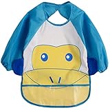 ベビー エプロン 長袖 防水 動物柄（ハンドタオルセット）お食事と遊び お食事練習 お絵描き 粘土遊び などに最適 (猿)