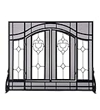 Plow & Hearth two-doorフローラル暖炉Hearth画面ガラスアクセント – パウダーコーティングチューブ状スチール、斜めガラス、メッシュ – ブラック – 44 " W x 33 