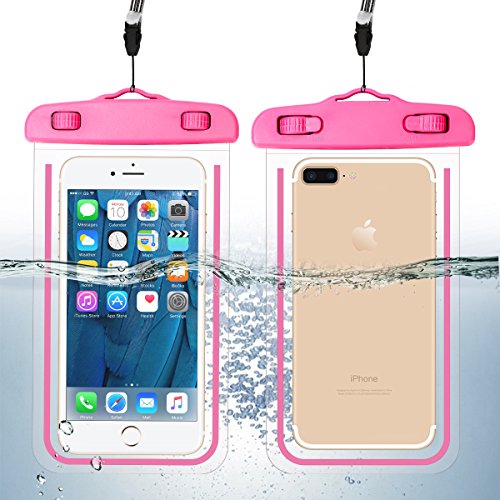 スマホ用防水ケース お風呂/プール / 海/水遊び 【水中撮影可能】 iPhone X/8/7/6/Plus/xperia / Galaxy S7 など6インチまで全機種対応 ネックストラップ 付き 蛍光フレーム（ピンク）