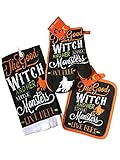 Gift Bundle of Kitchen Towel, Hot Pad & Oven Mitt Halloween The Good Witch and her Little Monsters L