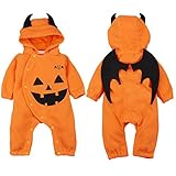 Ochine　ハロウィーン　新生児　ロンパース　帽子付き　秋冬　保温　カボチャ　カバーオール　悪魔の翼　オレンジ　前開き　長袖　男の子　女の子　子供服　お出産祝い　ギフト (100、18-24月)