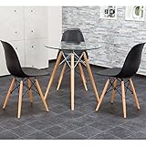 【ダイニングテーブルセット 3人用】洗練されたデザイナーズ ダイニング4点セット ★イームズチェアDSW オリジナルテーブル 木脚 丸テーブル リプロダクト チェア：ブラック・テーブル：ガラス