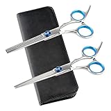 Happon　ヘアカット　はさみ　髪ハサミ　スキバサミ　ステンレス製　散髪用　ヘア鋏　ベビー　美容師　男性・女性　家庭用髪切り　2本セット　シルバー・ブルー　ケース付き