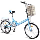 JuinTECH バスケット付き折りたたみ自転車可変速度男性女性大人学生市コミューターアウトドアスポーツバイク (Color : Blue)