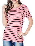 授乳服半袖ボーダーtシャツ夏服マタニティウェアトップス (M, ピンク)