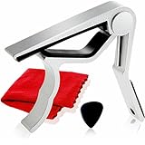 Phoenix ワンタッチ ギター カポ タスト 【 type GF 】 お手入れ用 ファイバークロス 0.71㎜ ティアドロップ タイプ ピック 安心安全メーカー保証書 4点セット！フォーク エレキ アコースティック 銀 シルバー ～ SILVER ～