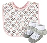 Stephan Baby Bib and Lace-Trimmed Mary Jane-Style Socks Set, Pink and Grey Diamond Flower, 6-12 Mont