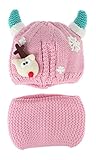 GEMVIE ベビー ニット帽 マフラー ２セット 保温 裏起毛 ホーンキャップ ニットキャップ 可愛い 子供 雪花かざり クリスマス 撮影服 秋冬 ピンク
