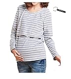 shop-k.p. マタニティ　授乳服 クロスオープン　ボーダー 長袖 Tシャツ トップス 授乳口　外出　カジュアル リラックス ルームウェア (グレー)