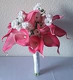 フクシアホットピンクカラーリリー柄ブライダルウェディングブーケ&ブートニア 12" Bouquet