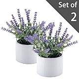 小さな人工ラベンダー植物、人工の花セラミックホワイトリブ編みポット、セットの2