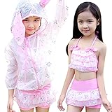 [FERE8890] 女の子 ベビー 水着 三点セット 上着 スカートスタイル ラッシュガード ポケット 紫外線対策 女児 可愛い セパレート プリンセス 長袖 アウトドア ピンク XL 適合身長12