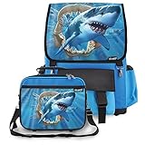 Great White Shark Jaws School Backpack & Lunchbox for Girls, Boys, Kids (BLUE) [並行輸入品]