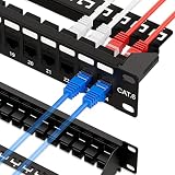 Iwillink 24ポート RJ45 パッチパネル 1U スルーカプラー Cat6ネットワークパッチパネル UTP 19インチ 取り外し可能なケーブルサポートバー付き ラックマウント 壁マウント Cat5, Cat5e, Cat6 ケーブル用