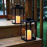 Set of 2 Tall Glass Paneled 11" Black Metal Flameless Lantern with 5-Hour Timers (Batteries Included