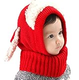 HKH キッズ ニット 帽 ネックウォーマー うさ耳 ニット帽 赤ちゃん ベビー 帽子 防寒 子供 衣装 (レッド)