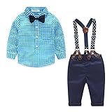 FEVON セットアップ　子供服　ベビー　ボーイズ　男の子　シャツとサロペット　パンツ　長袖　春　秋　2点セット　チェック柄　リボン　ボウタイ　フォーマル　蝶ネクタイ　ベビー服　赤ちゃん　キッズ服　入
