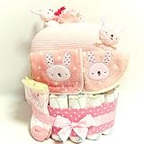 s59 おむつケーキ２段　女の子anano cafe（アナノカフェ）　豪華5点盛り 出産祝い　まくら・スタイ・ソックス・ハンカチ・にぎにぎ