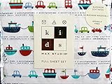 Max Studio 4 Piece Full Sheet Set Nautical Pattern Boats Fish Cars on White Background [並行輸入品]