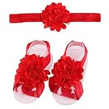 Elevin(TM) A Set Cute Baby Girls Flower Hairband and Flower Barefoot Sandal Shoes (Red) by Elevin(TM
