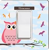 Rikki Knight " virocana "名 – キュートピンクOwl on Branch with Personalized名Single Rockerライトスイッチプレート