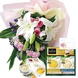 花とスイーツ ギフトセット 豪華 ユリ ピンクバラ 花束 と クノールスープとコーヒーセットA 写真入り・名入れメッセージカード