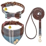BINGPET 犬 首輪 バンダナ リード セット 犬の首輪 鈴付き 犬 リード ベーシック首輪 チェック 調節可能 革製 柔らかい かわいい おしゃれ 超軽量 通気性 ハンドル付き 胴輪 散歩 出かけ 金属リング メッシュ 猫 ねこ キャット しつけ 訓練 散歩 ペット用品 子犬 小型犬 中型犬 大型犬 柴犬 秋田犬 (ブルー, XS)