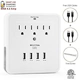 Bestten Charging Center-Wall Mount Surge Protector with 4 USB Charging Ports (4.2A Total), 3 AC Outl