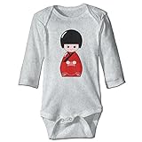Sasa85 こけし 人形 木偶 玩具 鳴子 イラスト 長袖ボディースーツ ベビー服 ジャンプスーツ 赤ちゃん 面白い グレー 18 Months