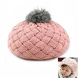AStorePlus子供冬帽子、ベビーGirl 's Cold Weather Slouchyニットベレー帽子厚手ウールビーニーキャップwithポンポン付き、レッド、ベージュ、イエロー、ピンク カラー
